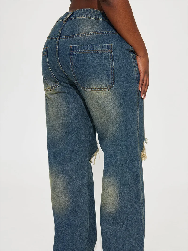 2025 New Women's Vintage Wear Y2K Style European Loose Wide Leg Denim Pants Female Mid Waist Washed Knee Hole Straight Leg Jeans