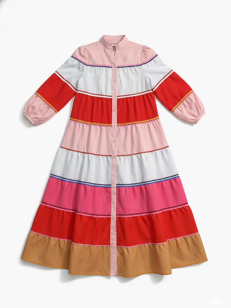 Yeezzi 2025 New Women's Colorful Striped Stand Collar Shirts Dress Puff Sleeves Wave Trim Elegant Party Evening Maxi Dresses