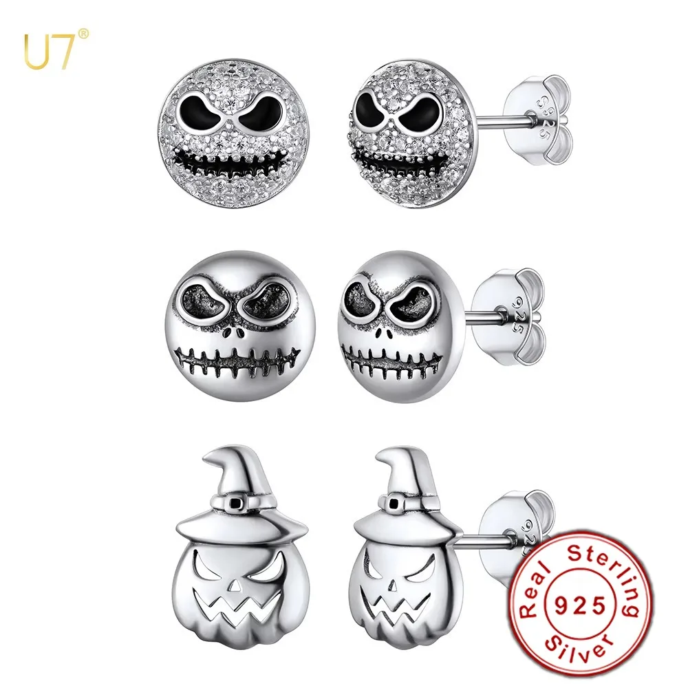 

U7 925 Silver Jack Skellington Head Skeleton Skull Stud Earrings Pumpkin Unisex Cool Gothic Halloween Jewelry Gifts