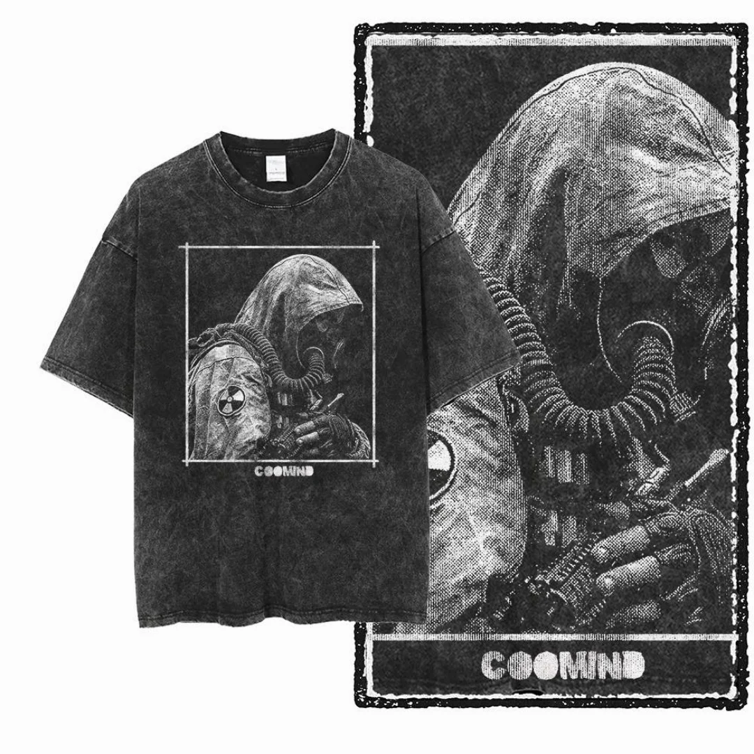

Vintage Washed Gas Mask Radiation Graphic Men T Shirt Oversized Men Tee Black TShirt Coolmind Retro Distressed Casual Streetwear