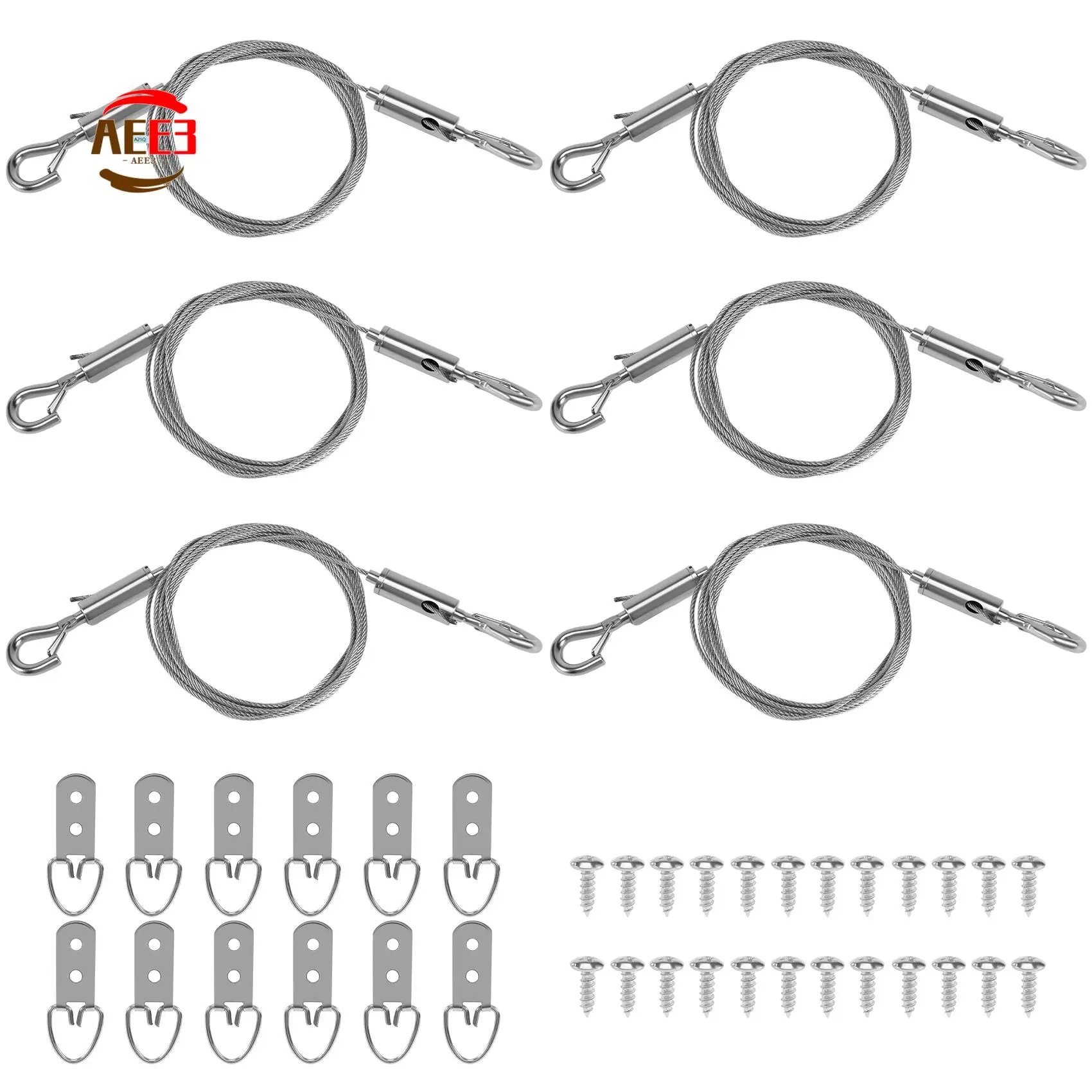 AEE3-6Pcs Picture Hanging Wire Kit With D Rings Supports 50 Lbs Duty Mirror Hanging Wire For Picture, Light Lamp