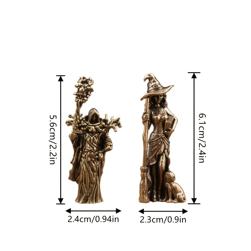 2-piece set of finely crafted brass mini statues of a wizard and a witch, elegant and atmospheric.