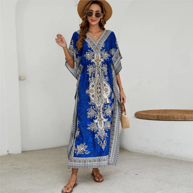 Bohemian V-neck Short Sleeve Beach Smock Dress Women 2024 Summer Loose Casual Sunscreen Print Boho Long Dresses For Women