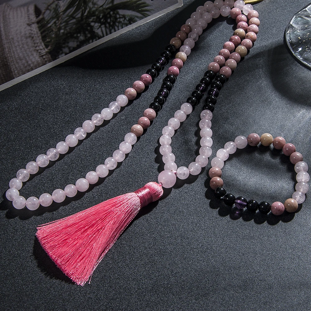 8mm Natural Rhodolite Rose Quartz 108 Mala Beads Necklace Men and Women Meditation Prayer Rosary Japamala Jewelry Set image 5