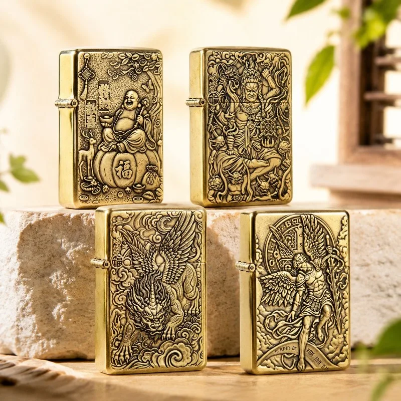NEW ZORRO Brass Double sided Relief Windproof Kerosine Lighter Anti slip Movement Inner Tank Retro 5-hinge Handmade Lighter Gift