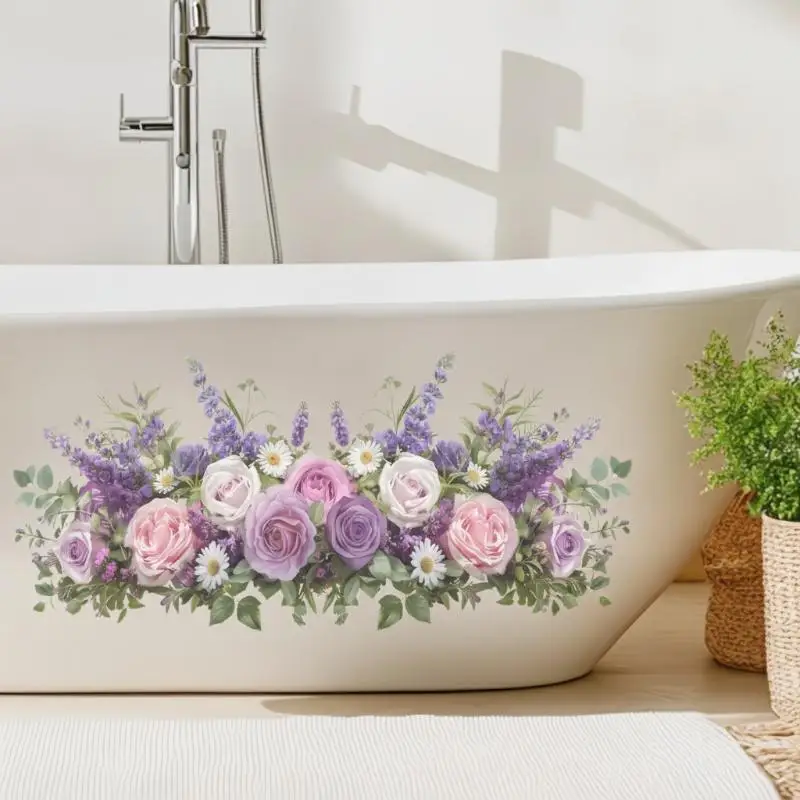 Fresh Floral Pattern Sink Area Background Wall Sticker Bathroom Wall Decoration Self-Adhesive Removable Waterproof Sticker