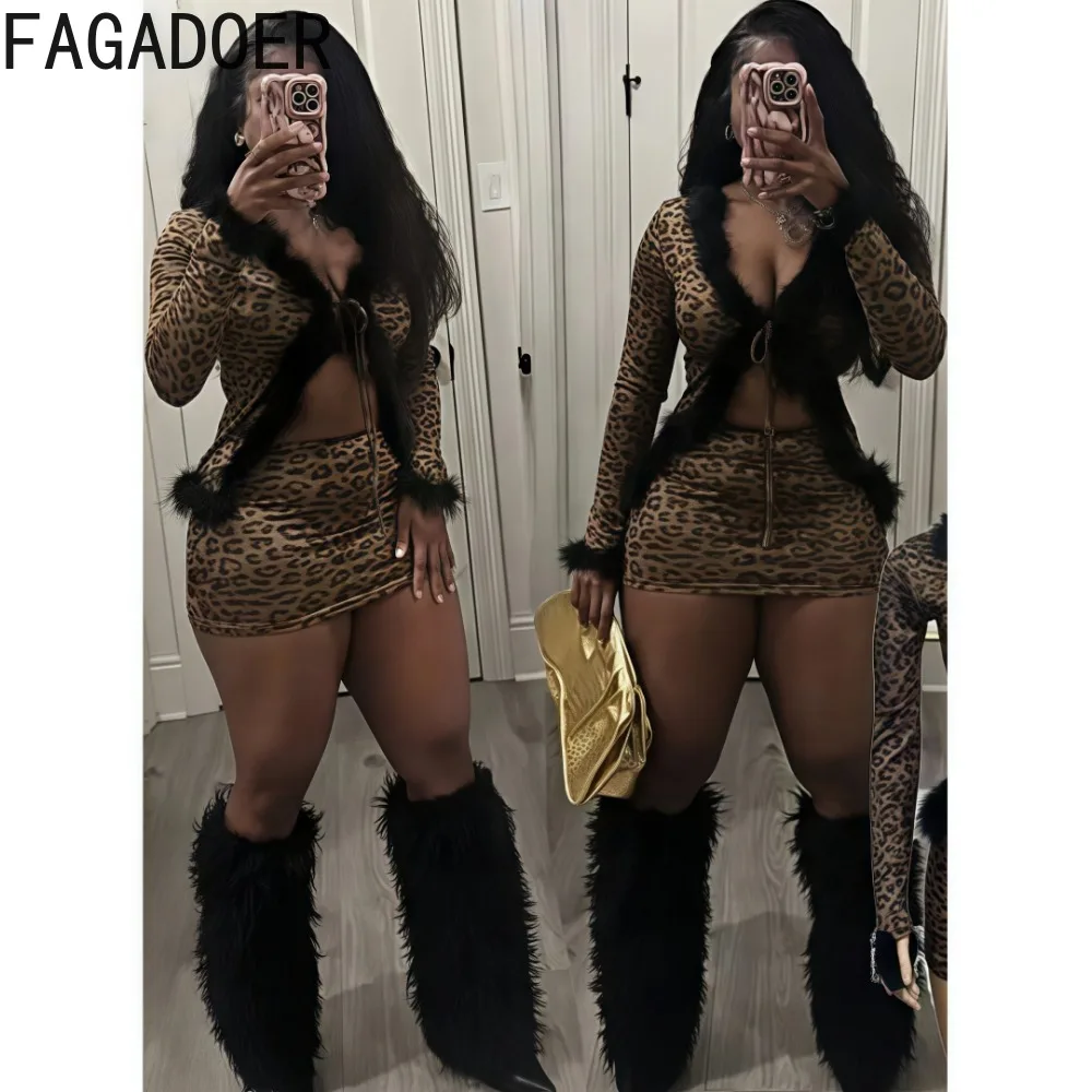 Fagadoer leopardo impressão sexy conjunto de duas peças para as mulheres rendas até pele retalhos colheita topo + mini saia terno feminino streetwear primavera nova