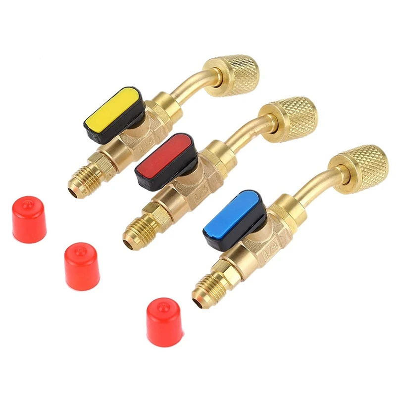 Angled Compact Ball Valve 1/4 Inch SAE, Air Conditioning Refrigerant R410A R134A Shut Valve,3PCS R410A R134A Shut Valves-A69M