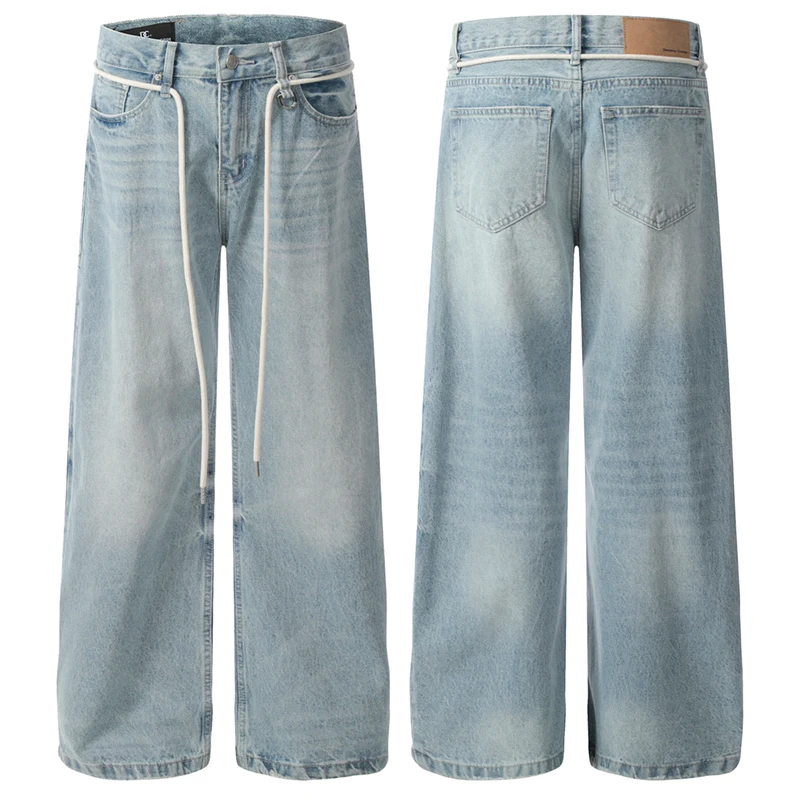 

Men Women Streetwear Fashion Drawstring Loose Casual Vintage Denim Wide-leg Baggy Jeans Pants Unisex Jeans Trousers