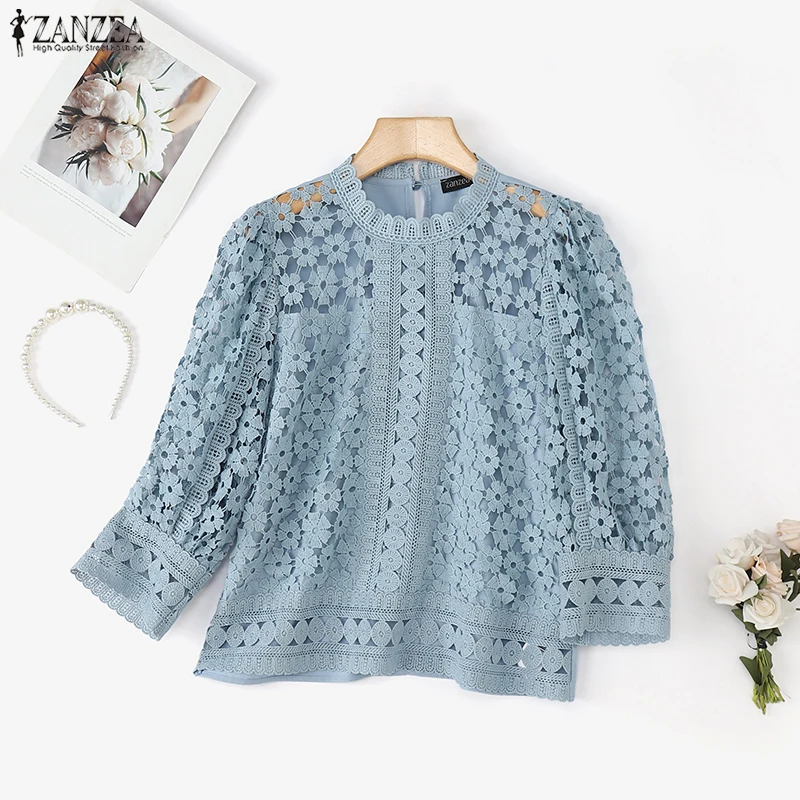 ZANZEA Blus Renda Elegan Wanita Atasan Tunik Warna Polos Lengan Puff 3/4 Kemeja Wanita Kantor Kasual Tembus Pandang Leher-o Musim Panas 2026