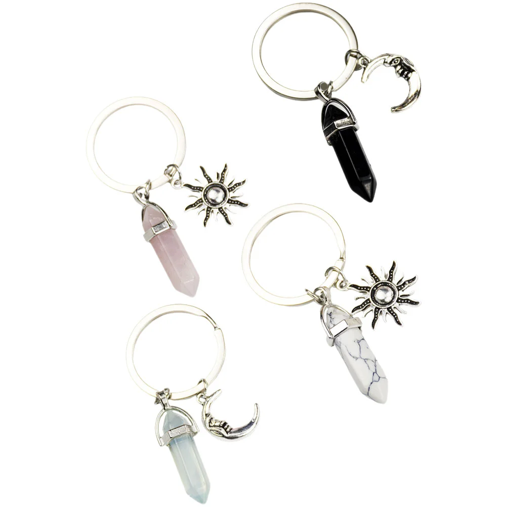 4 Pcs Matching Couple Keychain Vintage Sun Charm Crystal with Moon Quartz Pendants