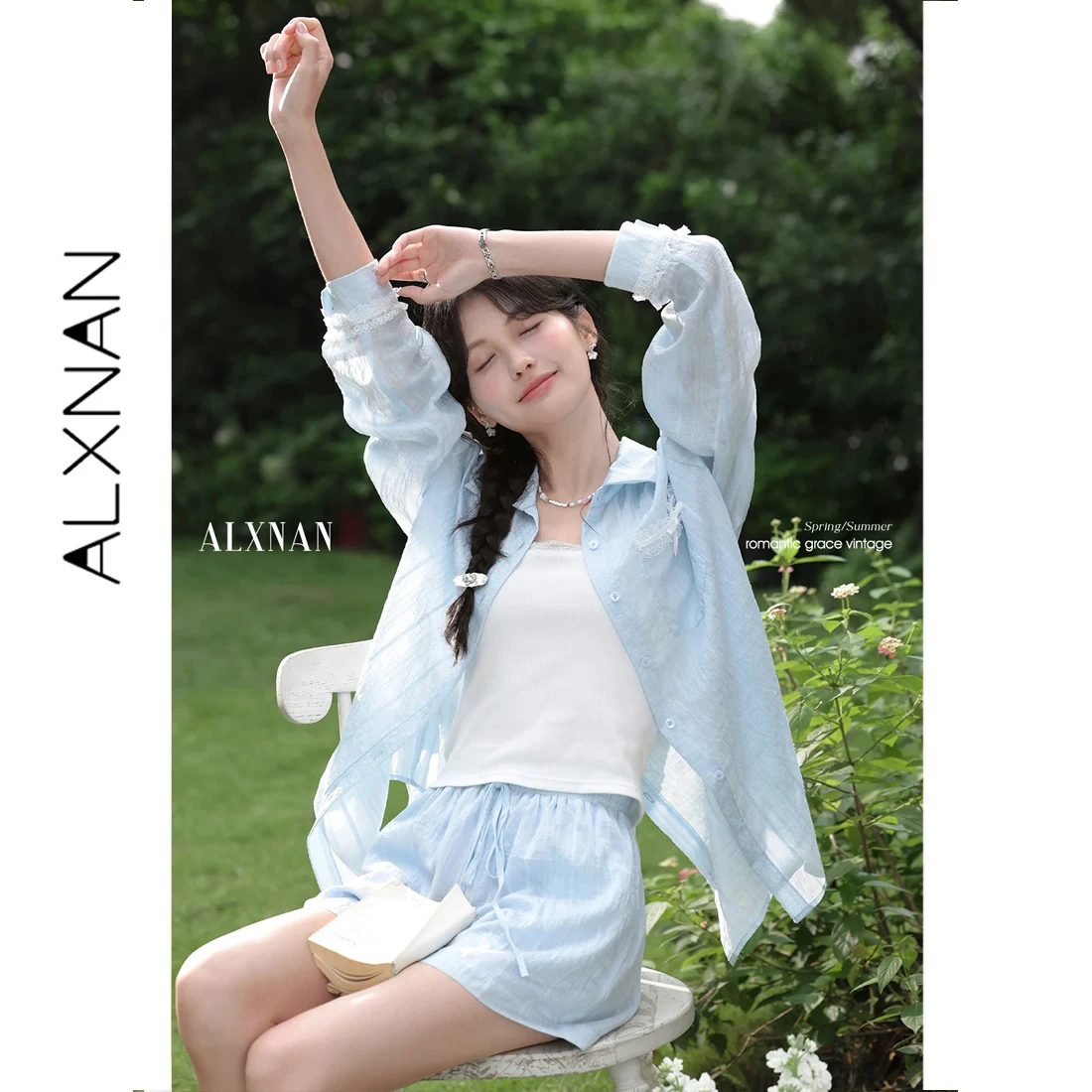 

ALXNAN Light Blue Women's Shorts Summer Casual Wide-leg Baggy Shorts Elastic Waist Drawstring Short Pants with Pockets L56650DK