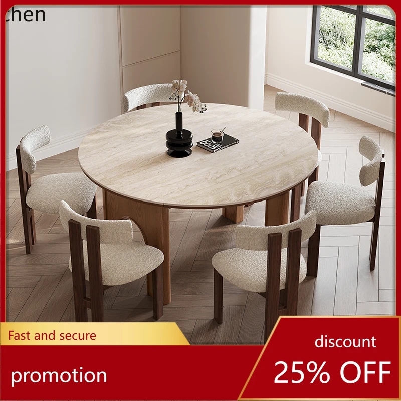 

HXL Telescopic Rock Plate Dining Table Changeable Round Table Solid Wood Round Dining Table