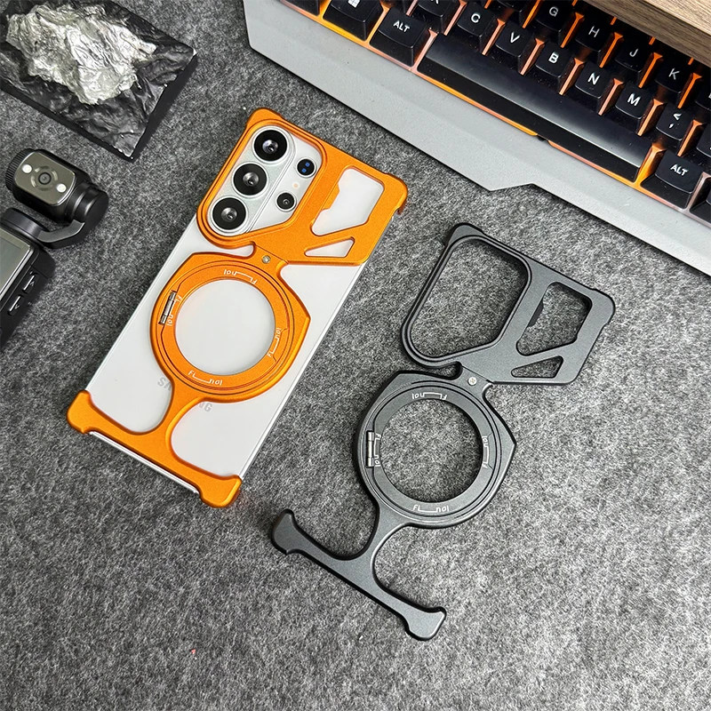 

For Samsung Galaxy S26 S25 Ultra Metal Frameless Phone Case, Magnetic 360° Rotating Bracket, Hollow Shock-Absorbing Bumper