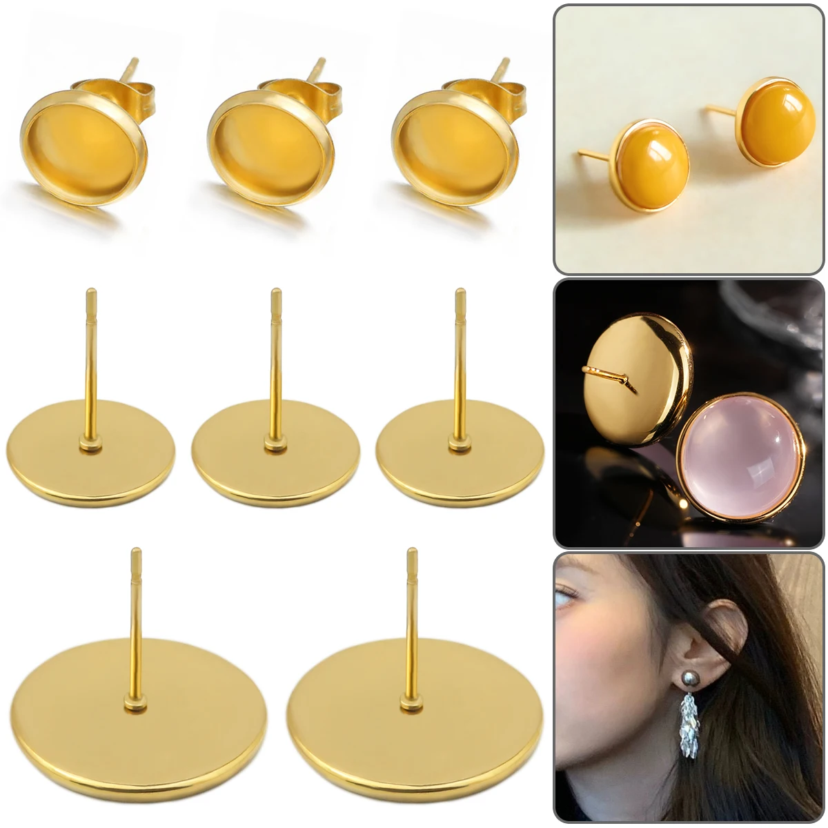 

20Pcs 4-14MM Hypoallergenic Stainless Steel Stud Earring Diy Findings Cameo Cabochon Base Settings Diy Jewelry Making