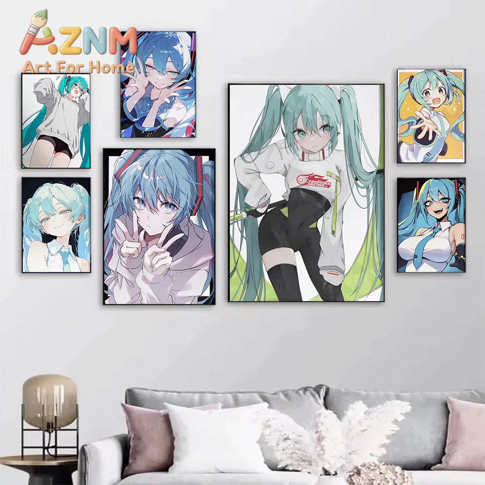 AZNM Hatsune Miku Sweet Cute Portrait Canvas Painting, Frameless Canvas Wall Art, Virtual Singer Anime Wall Painting for Bedro