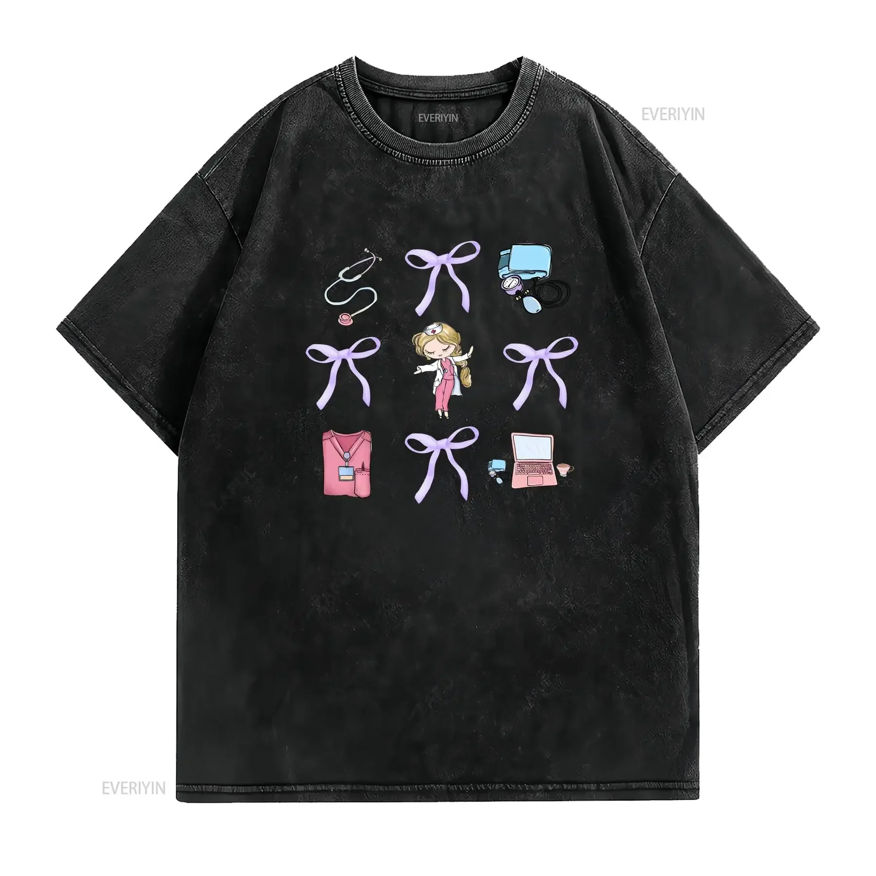 لطيف ممرضة s Coquette القوس تي شيرت الحياة التمريض مدرسة مسجلة جديدة خمر غسلها الأزياء تنفس مصمم الملابس #2