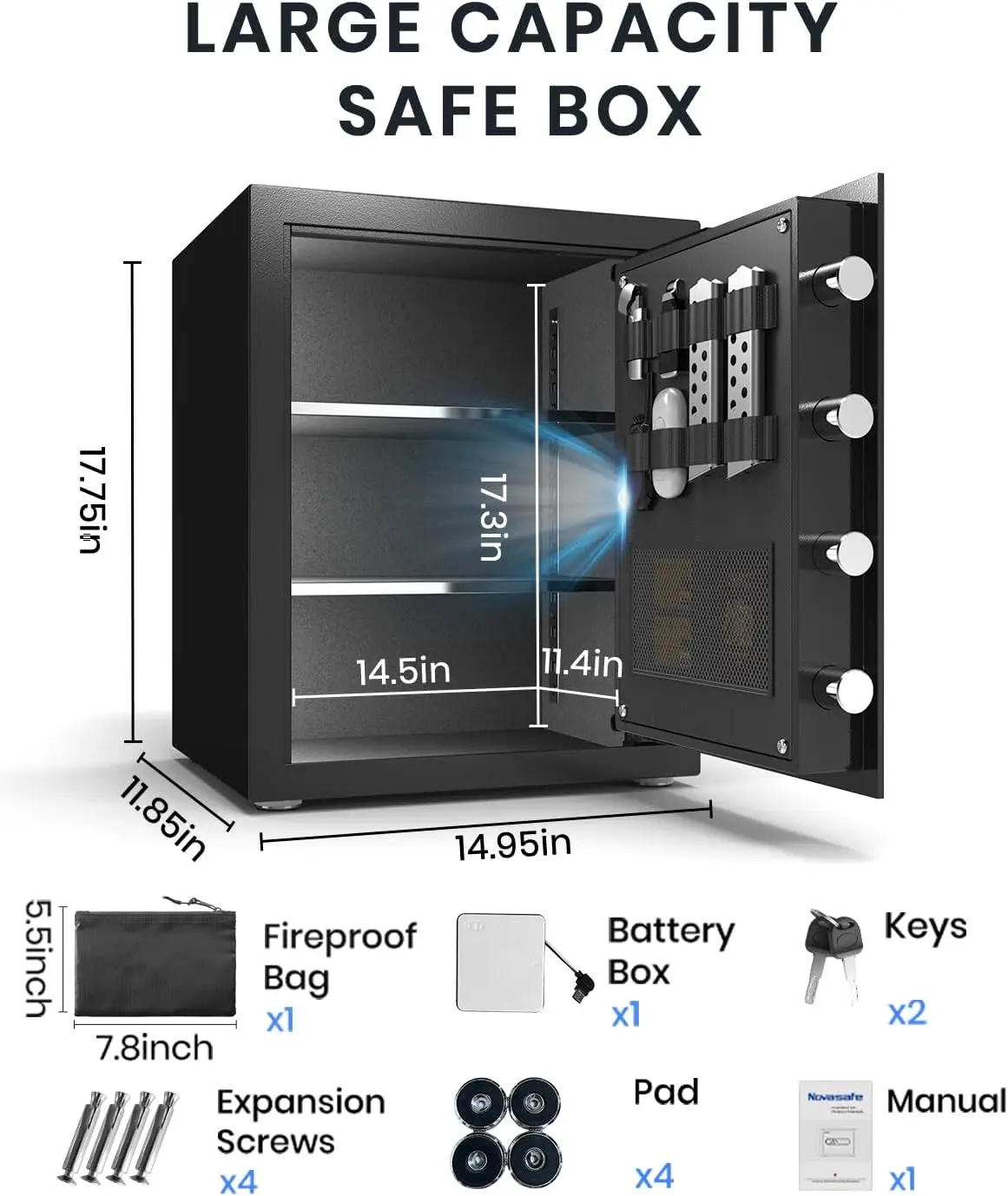 2.0 Cu ft Fingerprint Safe Box with Fireproof Bag, Key & Digital Keypad for Home Security