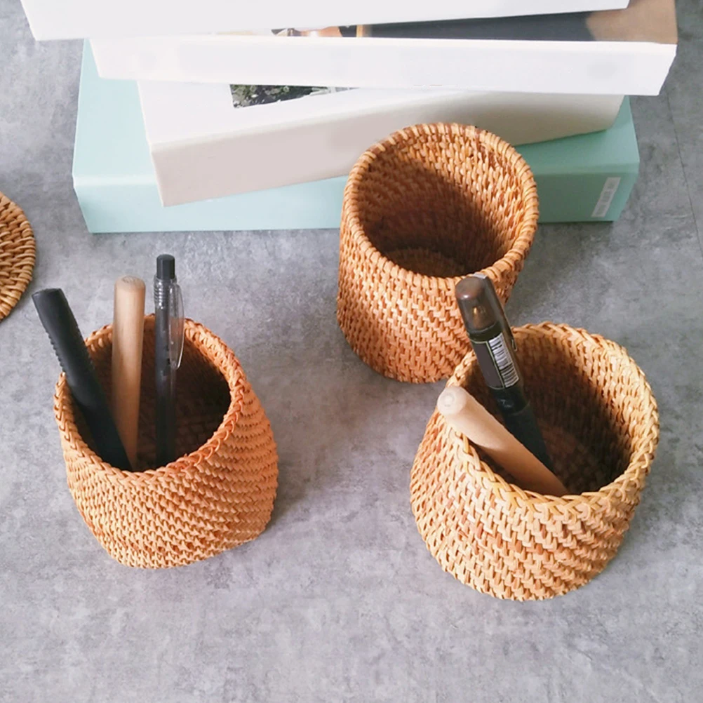 

1pc Round Pen Holder Desk Organizer Storage Bins Pencil Makeup Brush Stationery Rattan Craft Gift Photography Table Accessories