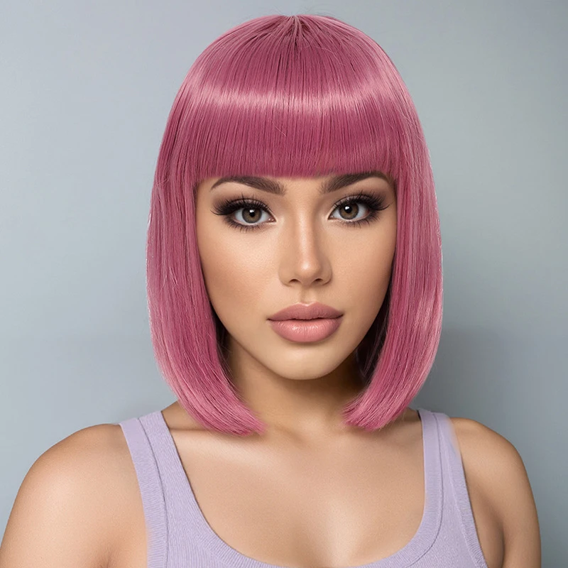 Concert simulation human hair , summer breathable rose net, watermelon pink air bangs wig for women