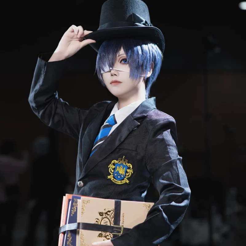 أنيمي الأسود بتلر Ciel Phantomhive تأثيري حلي شعر مستعار زي مدرسي أسود طويل دعوى هالوين موافرات الحفلات دور الزي