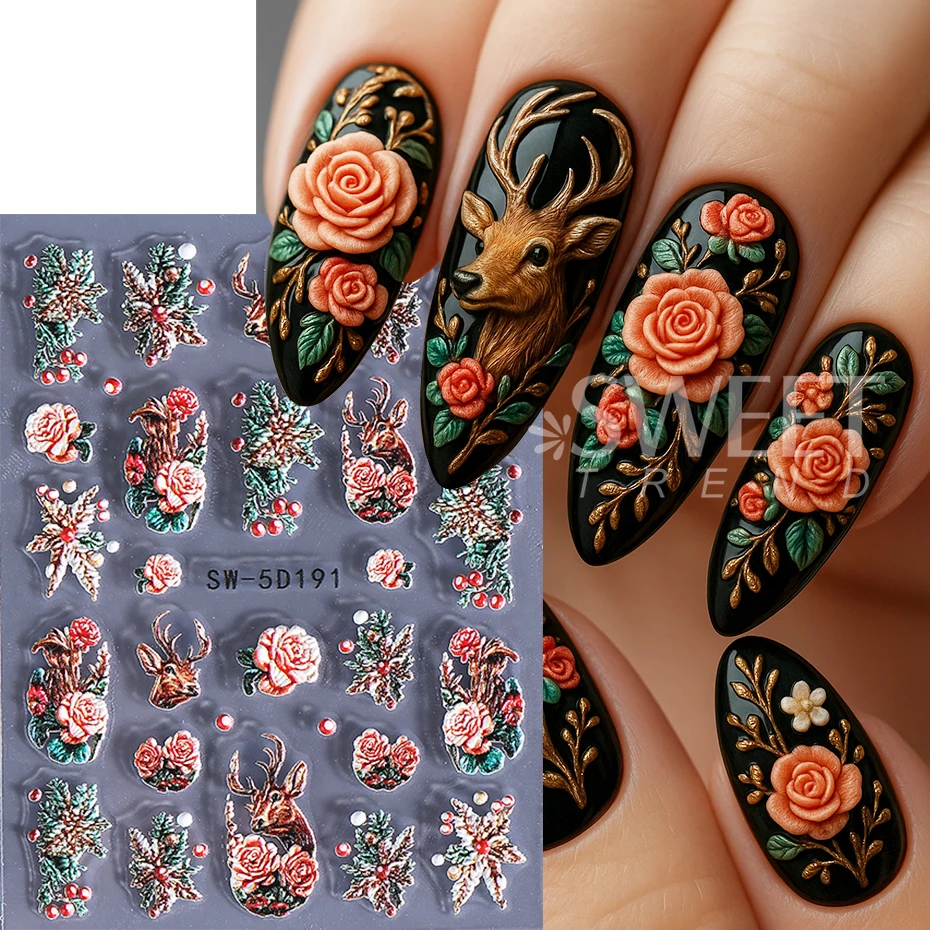 2 Stuks Reliëf Kerst Nail Art Stickers 5D Rose Rendier Holly Kerstboom Nail Decals Zelfklevende Sliders manicure Decoratie