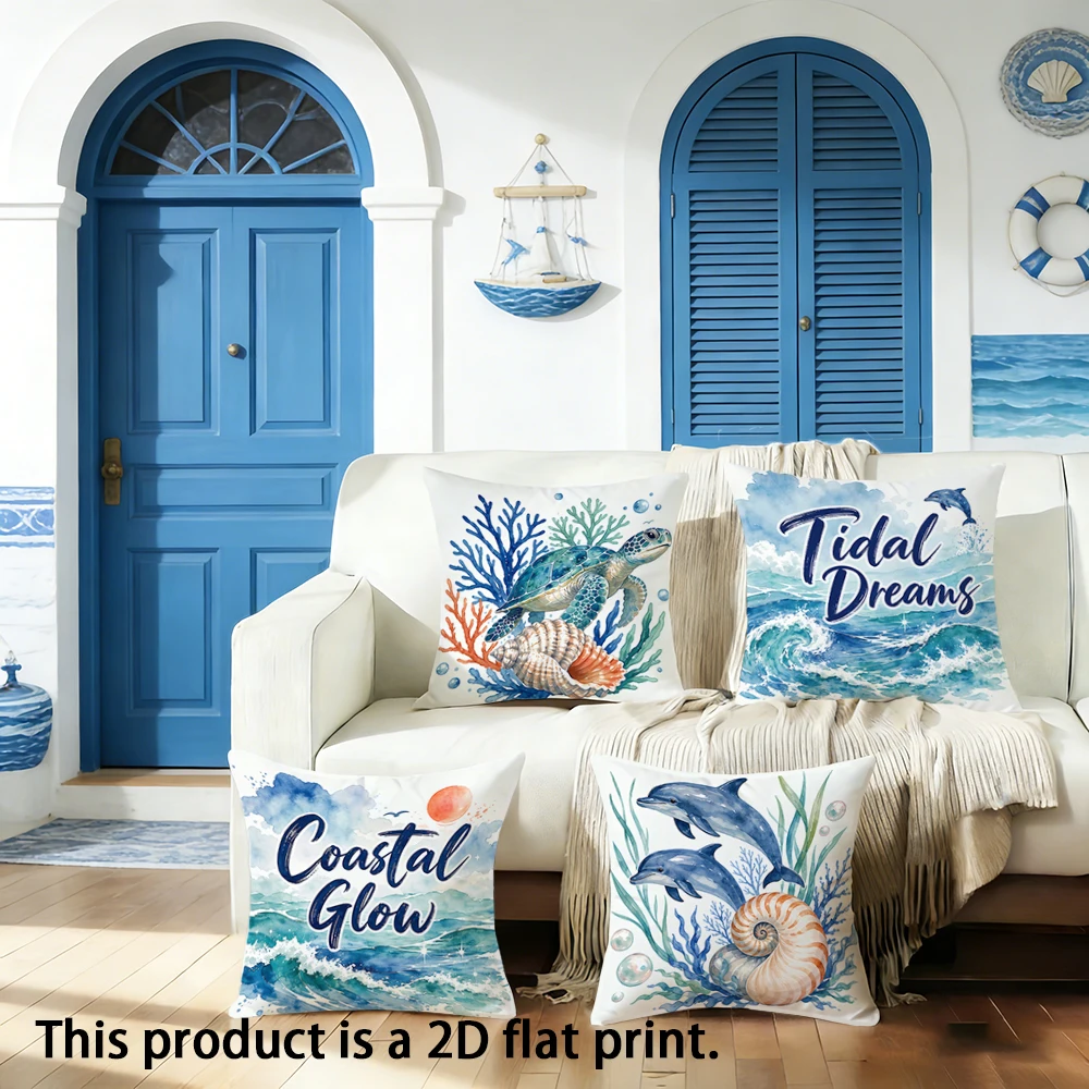 1pc Coastal Watercolor Ocean Throw Pillow Covers Nautical Sea Turtle Dolphin Beach Cushion Cases
