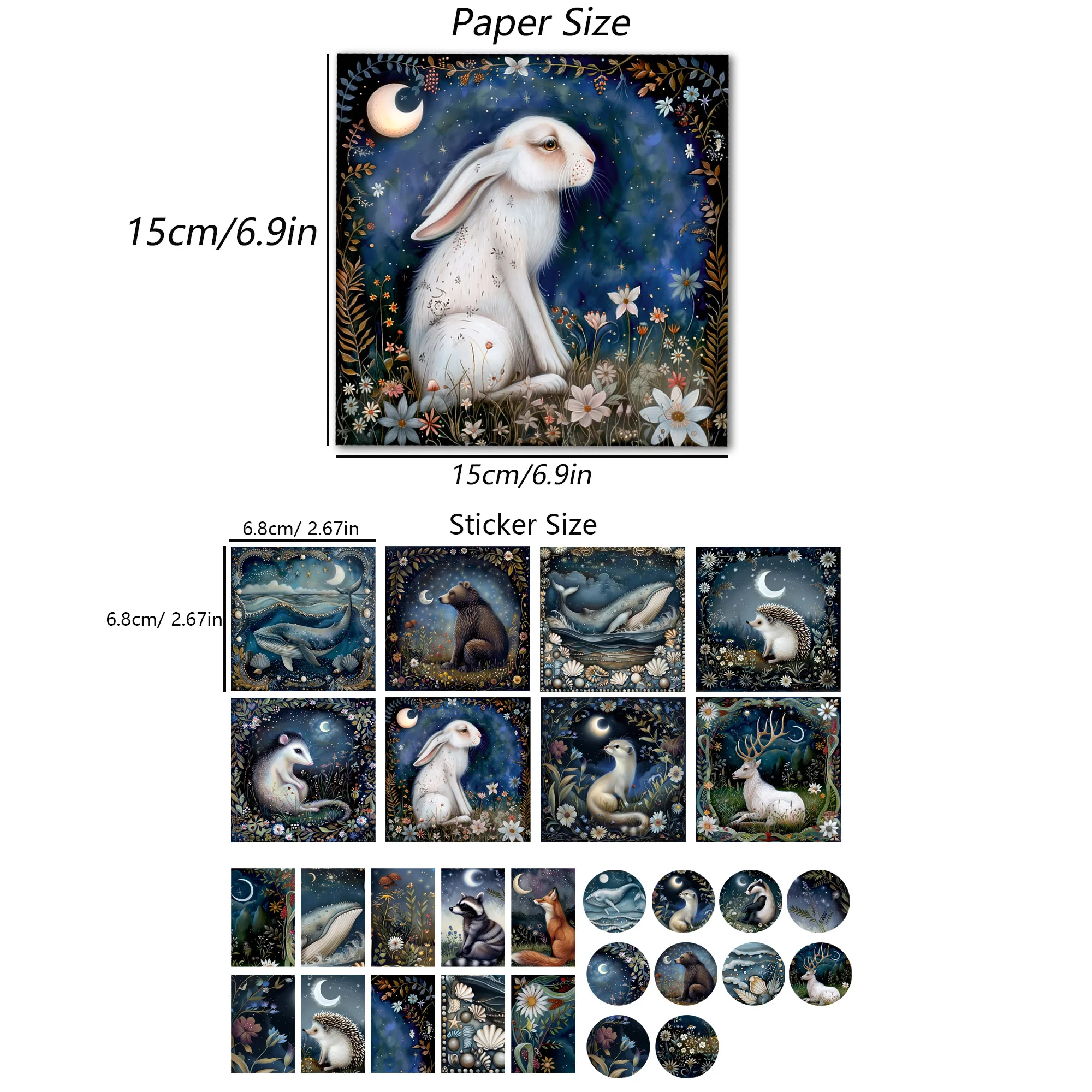 68pieces(12papers+56stickers) Fantastic Moonlight Ephemera Set,Perfect for Journal Supplies,Arts Crafts,Scrapbooking Supplies