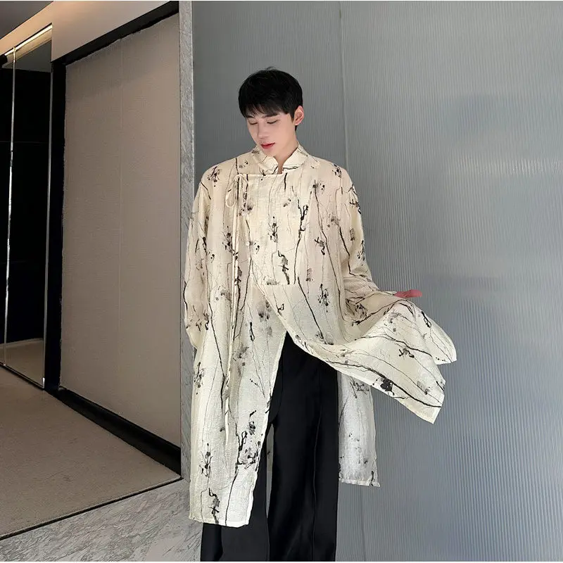 

New Chinese Sle Men's irt Spring Summer Thin Print Belted Midi Length Loose Fit Long Sve Stand Collar Zen Sle Coat