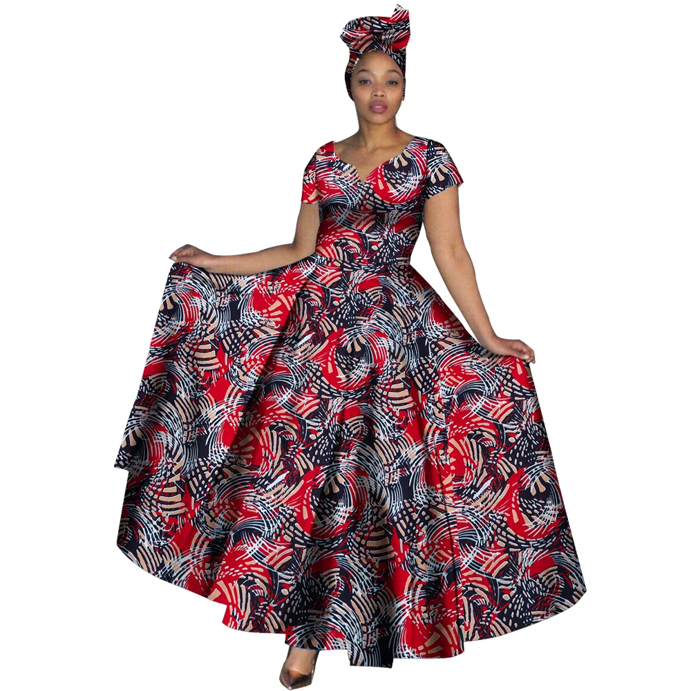 Fashion Women Clothes African Dresses Ankara Print V-neck Maix Long Dresses with Head Scarf Dashiki Women Outfit WY749