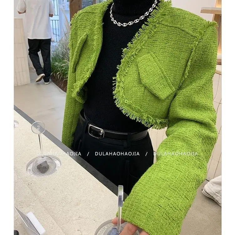 

Green short jacket autumn new Korean version coarse floral fringe short top women clothing coat clothing