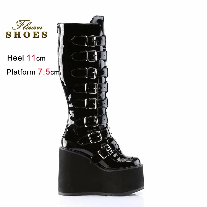 

Punk Boots Black Thick Soled Women Knee Length Boots Fashion Super High Heels Wedge Heel Women Shoes Leather Buckle Knight Boots