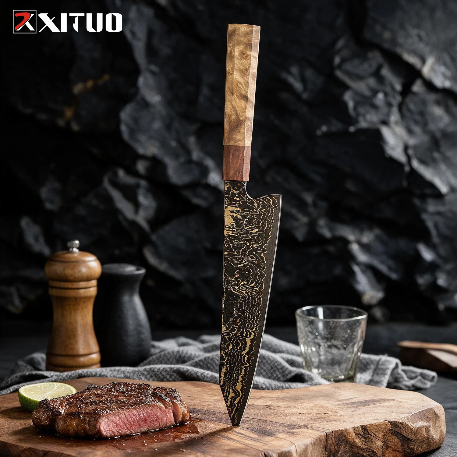 XITUO Kiritsuke Chef Knife 8 Inch,37 Layers Hand-forged Rainbow Copper Damascus Steel Japanese Knife for Chefs&Home-Razor Sharp