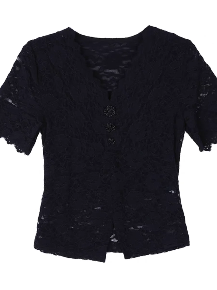 Summer T Shirts Women Short Sleeve Tops Black Lace Bottom Shirt V Neck Thin Stretch Slim T-shirt