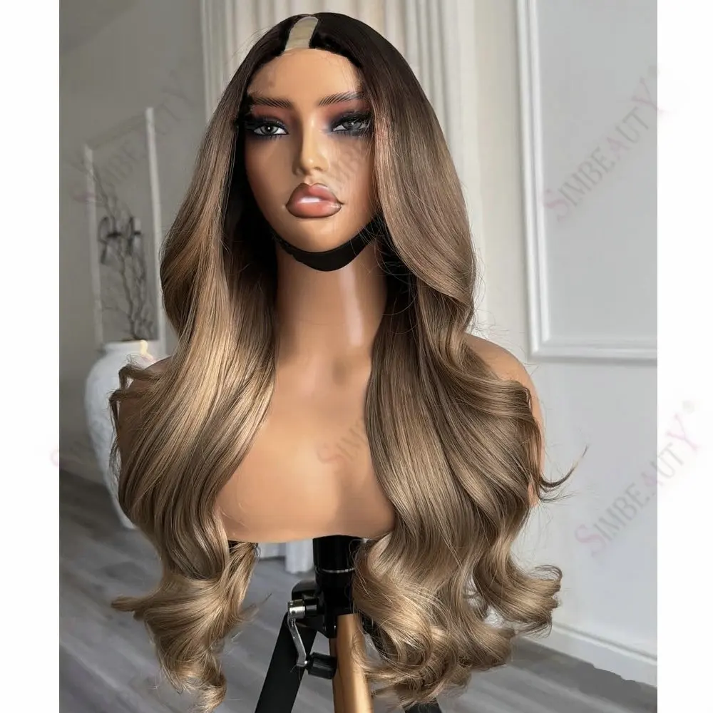 

Ash Blonde Ombre Women Human Hair 1x4 Size Opening U Part Wigs Loose Wave Glueless Adjustable V Part Wigs Easy Wear With Clips