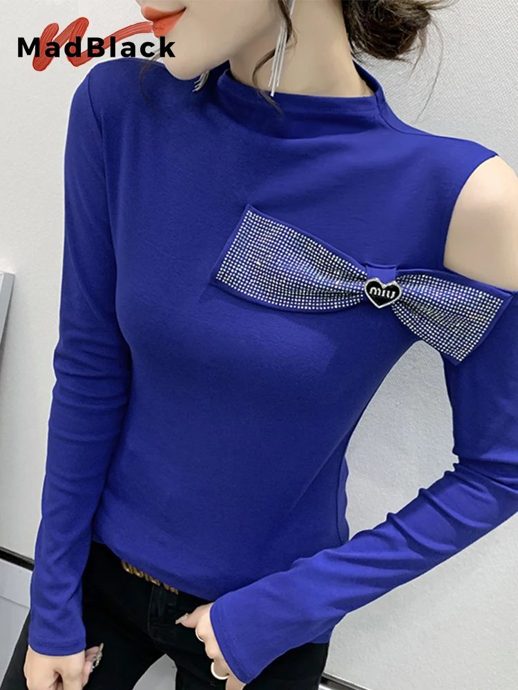 MadBlack Spring Beaded Bowtie T-shirt Women One Shoulder Elegant Long Sleeves Hot Drill Slim Tops Sexy Tees Fall T31512X