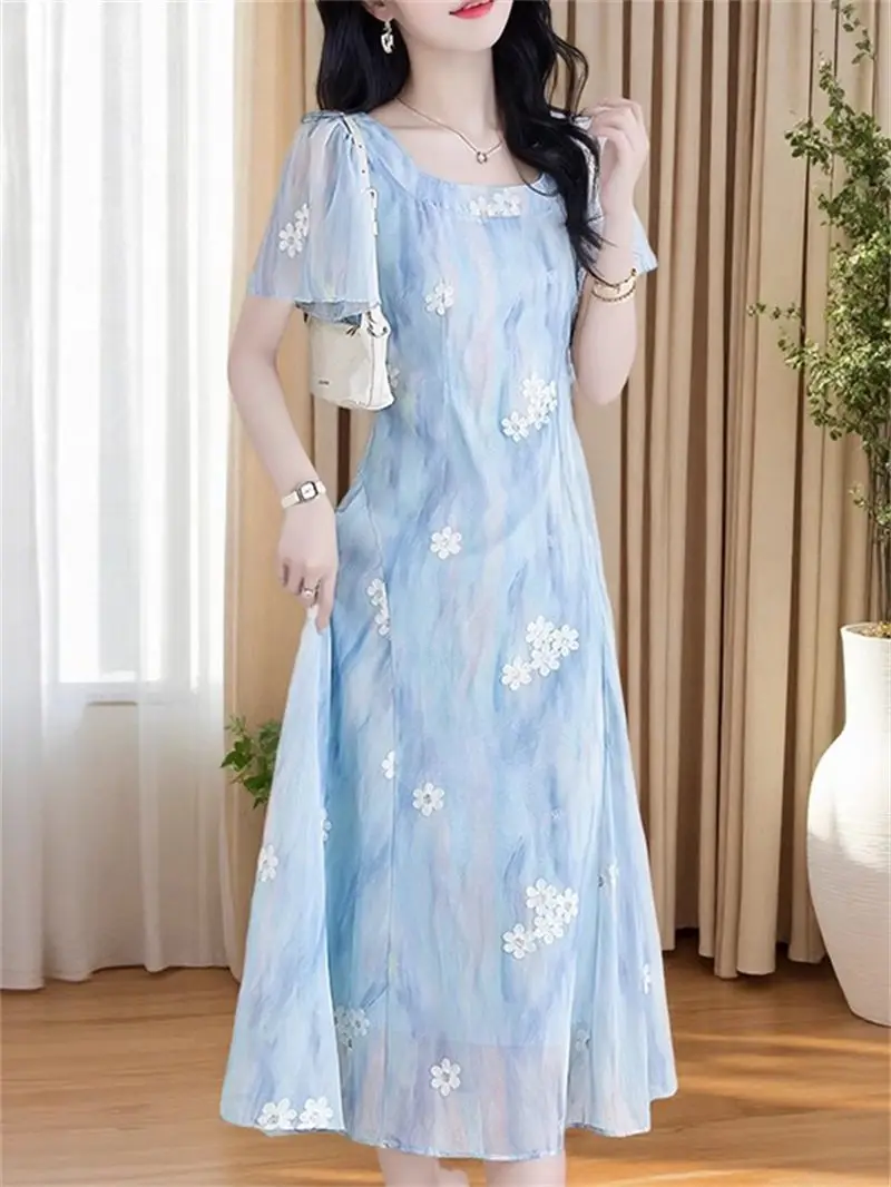 Abito longuette ricamato floreale blu di lusso - Abiti eleganti a maniche corte dimagranti firmati Parisian Summer 2025 G118