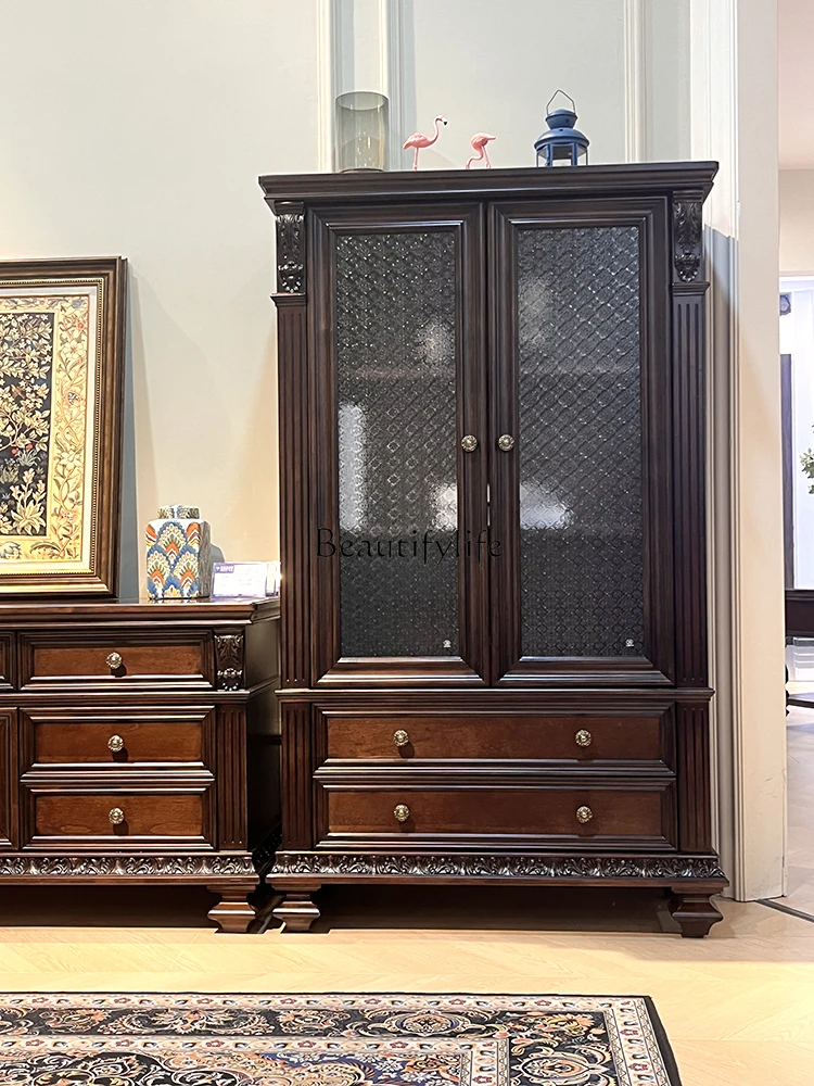 

*American double-door wine cabinet pure solid wood retro curly grass pattern carved furniture
