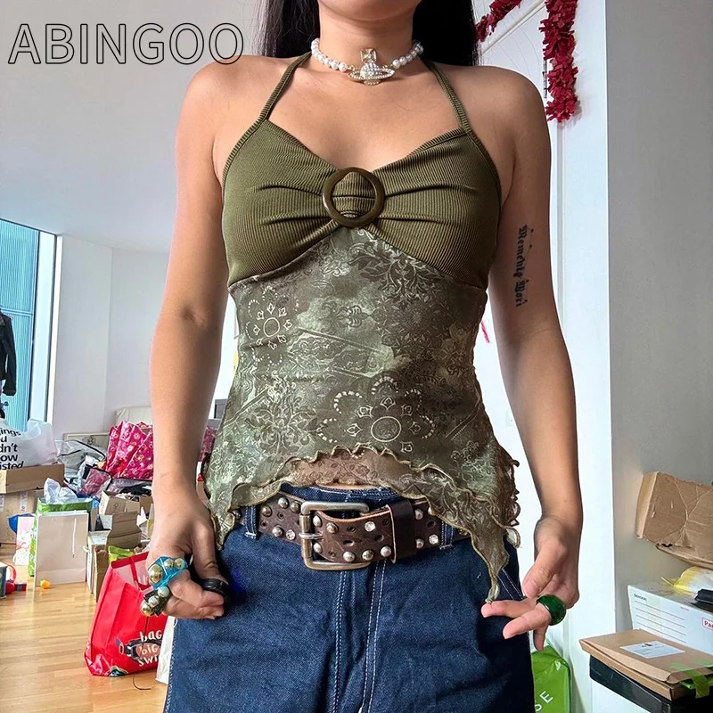 

ABINGOO Boho Vintage Buckle Pleated Halter Top Women Backless Slim V-Neck Tops Y2K Casual Camisole Print Mesh Patchwork Crop Top