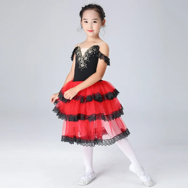 

Black Red Tulle Ballet Costume Women Spanish Dress For Adult Girls Child Dancing Long Romantic Ballet Performance Costumes