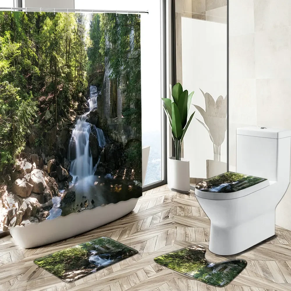 Forest Waterfall Scenery Bathroom Shower Curtain Set Trees Rocks Green Plants Natural Landscape Rug Toilet Lid Cover Bath Mat