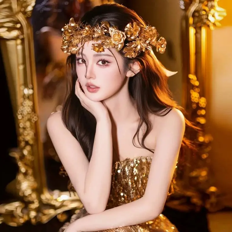 Golden Bride Floral Wreath Hair Accessory Vintage Texture Desert Wind Aura High-End Feel for Resort Banquet
