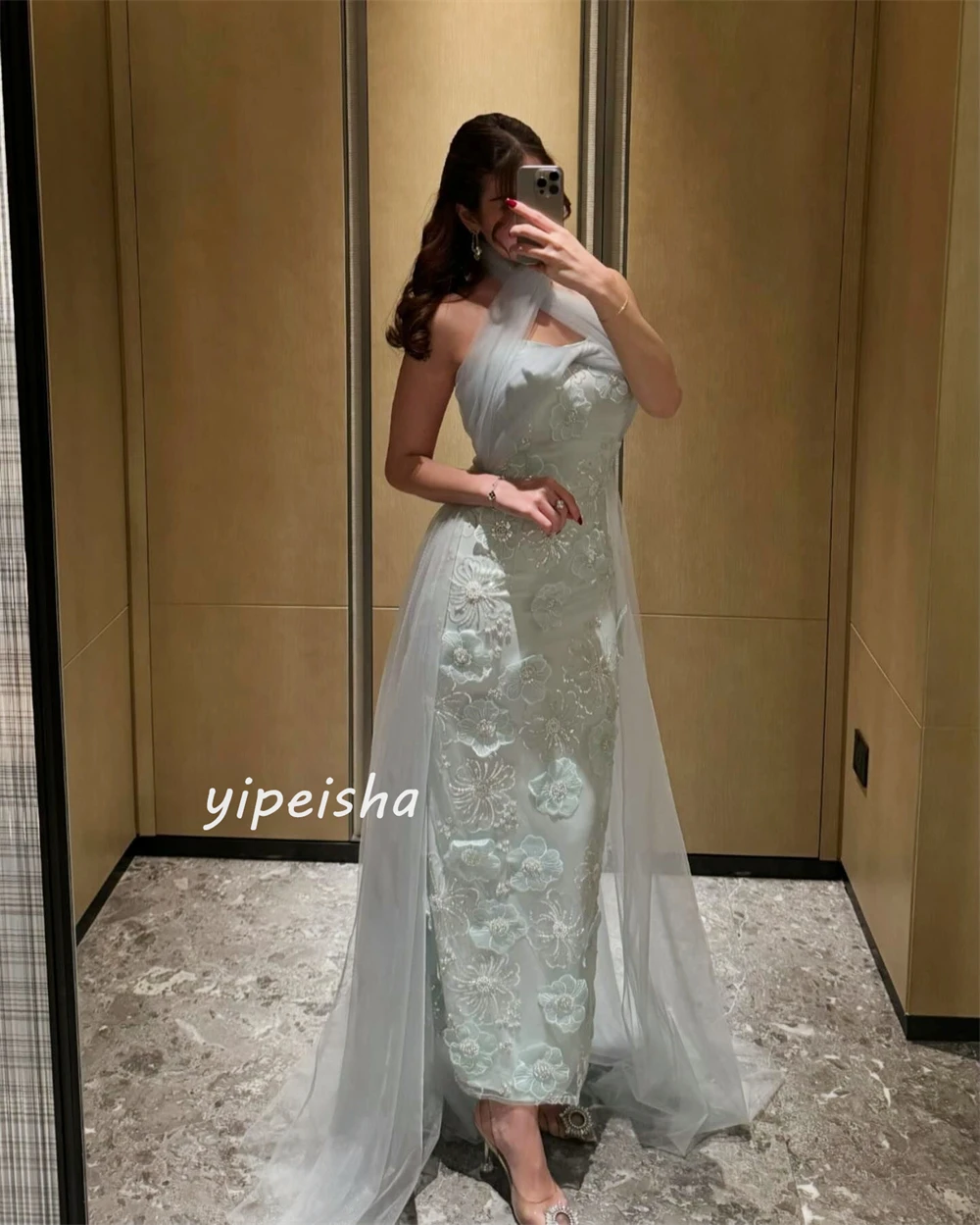 Customized Jersey Sequined Flower Beading Ruched Beach A-line Strapless Bespoke Occasion Gown Midi Dresses