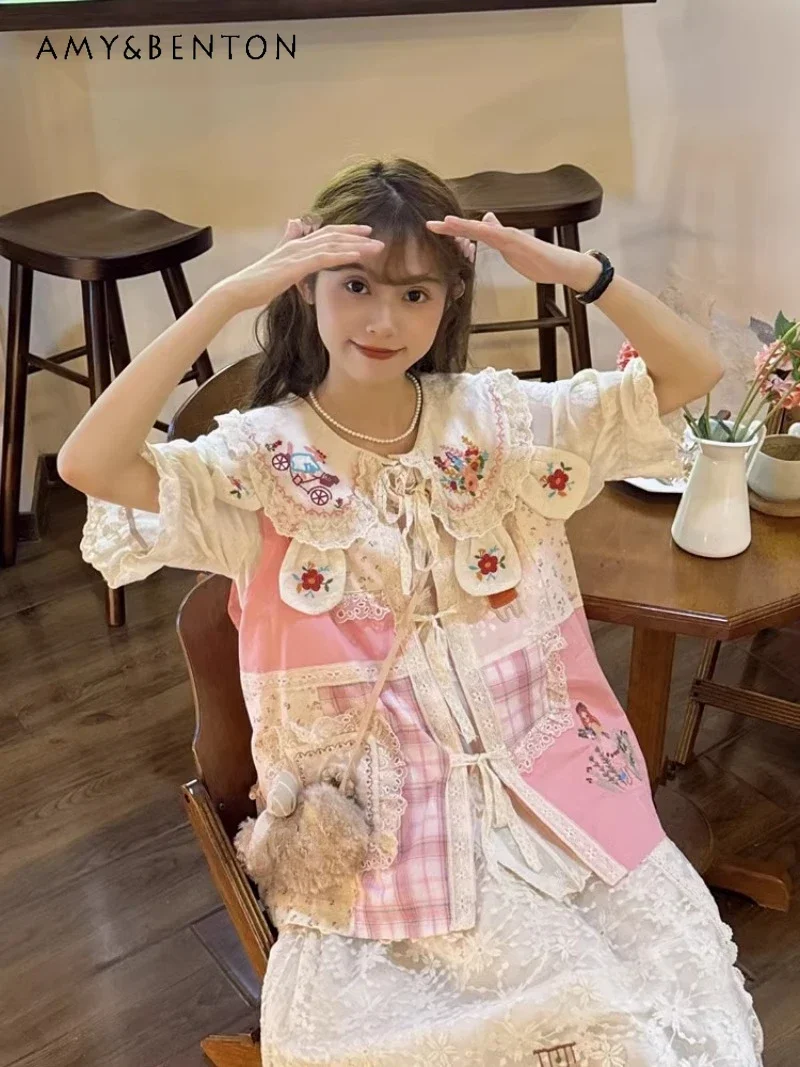 

2025 Mori Pink Floral Plaid Splicing Lace-up Three-dimensional Cute Cartoon Outer Vest Short Sleeve Shirt Beige Skirt