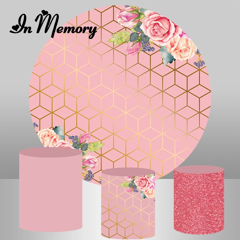 InMemory Pink Flowers Lady Woman Birthday Round Backdrop Cover Bridal Shower Wedding Party Circle Background Plinth Covers