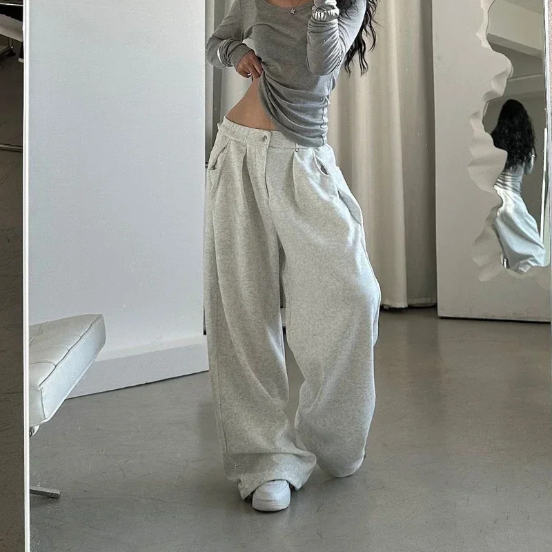 QWEEK Oversized Women Grey Sweatpants Y2k America Style Retro Baggy Pants Casual Sports Streetwear Hip Hop Trousers Joggers