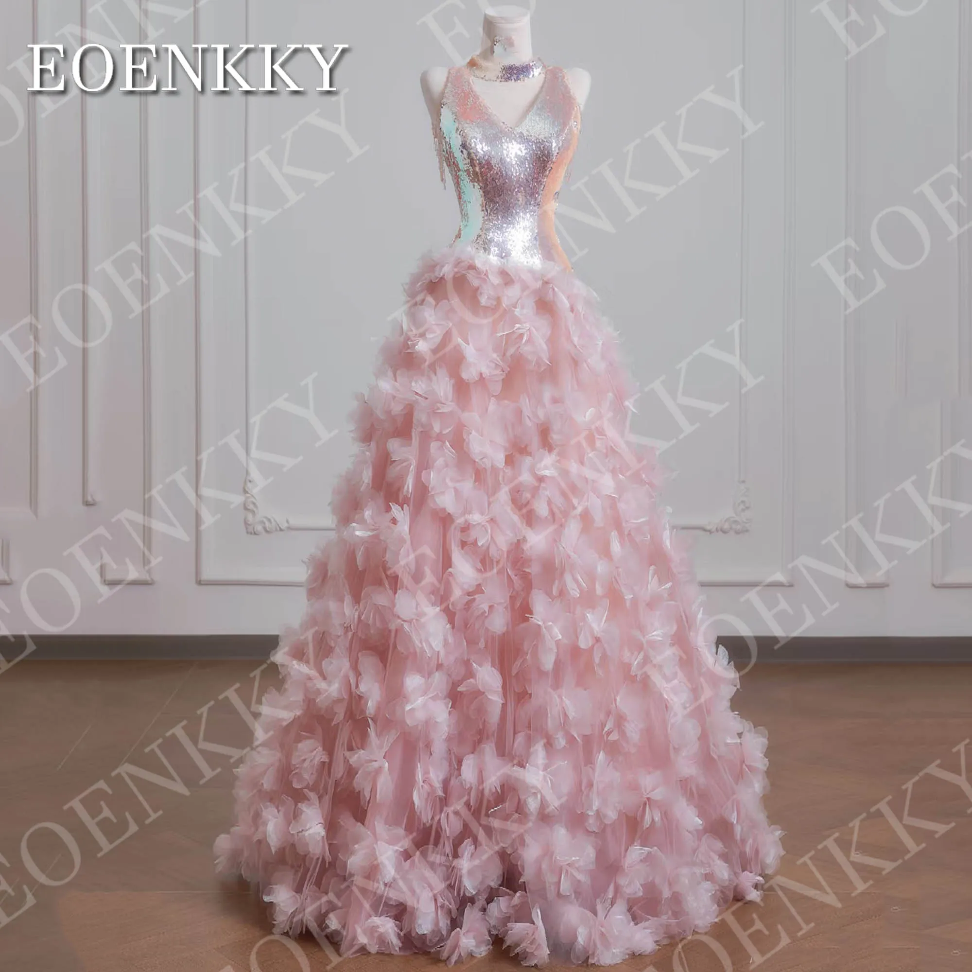 

EOENKKY Gorgeous Prom Dress Elegant Evening Dresses for Woman Pink 3D Floral Sparkly Sequin Special Occasions Gown Customized