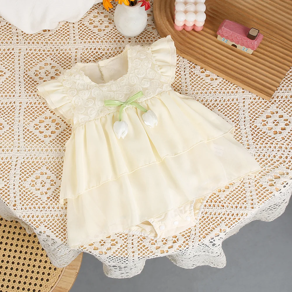 2026 Summer Sweet Baby Bodysuit Lace Trim Tulip Applique Sleeveless Girls Jumper Dress Thin Soft Toddler Romper