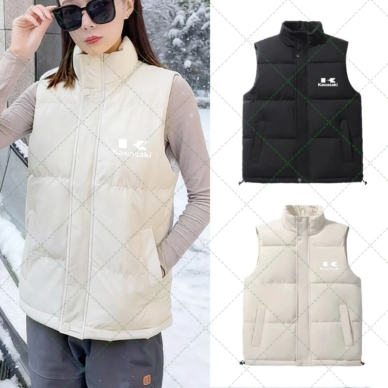 

Fashionable Car Logo Men Women Warm Puffer Vest Stand Collar Sleeveless Jacket with Pockets Winter Casual Outerwear For Kawasaki