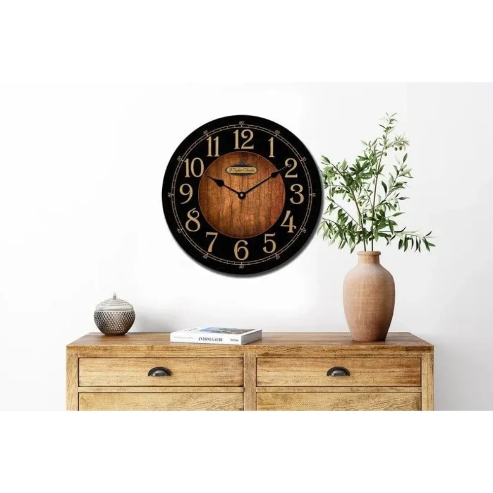 

Handcrafted Black & Wood Wall Clock | Silent Non-Ticking Mechanism | Rustic Charm for Kitchen, Living Room